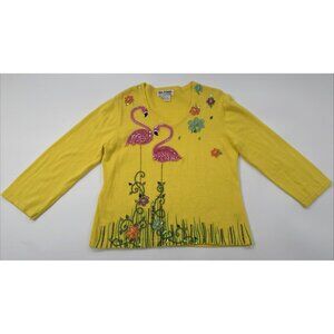 Jack B. Quick Sweater Womens Large Yellow Flamingo Florida Sequins Vacation 90s